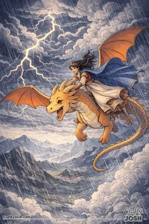 This powerful illustration shows a princess riding a dragon straight through a wild storm filled with lightning, rain, and swirling clouds.