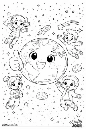 Earth gives a big thumbs up while four happy kids float around it in space, with stars, a small rocket, and a shooting star nearby