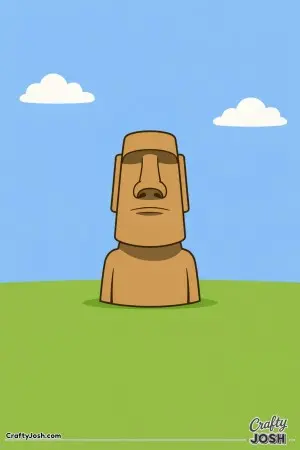 This tall Moai statue stands quietly on the grass, watching the sky drift by with fluffy clouds.