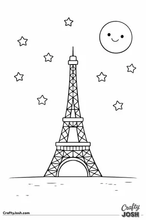 A friendly moon watches over the Eiffel Tower in this quiet nighttime picture, first created as a soft and simple color scene