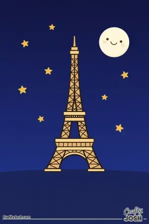 A friendly moon watches over the Eiffel Tower in this quiet nighttime picture, first created as a soft and simple color scene