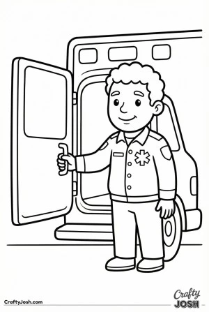 Emt with curly hair opening ambulance door coloring page