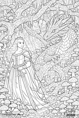 This scene shows a princess and her dragon standing in an enchanted forest filled with twisting roots and hundreds of mushrooms