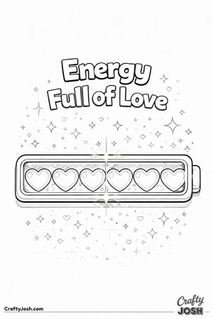 This playful Valentine’s Day coloring page features a game-style energy bar filled with hearts and the phrase “Energy Full of Love.”