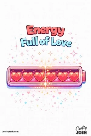 This playful Valentine’s Day coloring page features a game-style energy bar filled with hearts and the phrase “Energy Full of Love.”