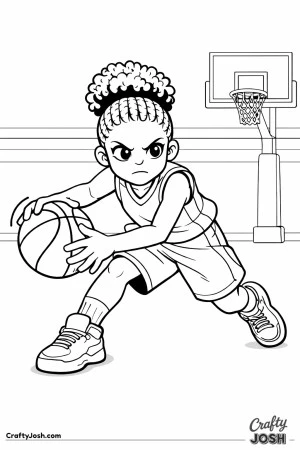 A young basketball player drives toward the hoop while performing a powerful crossover dribble in an indoor gym