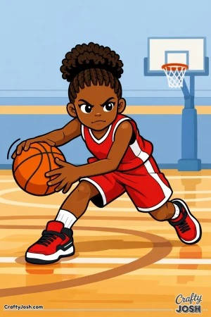 A young basketball player drives toward the hoop while performing a powerful crossover dribble in an indoor gym