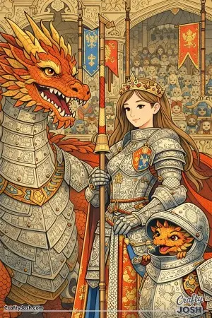 The colored scene shows a brave princess in beautifully engraved armor standing proudly with her dragon at a grand tournament.