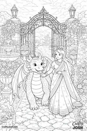 A princess walks calmly beside her dragon along a stone garden path, heading toward beautiful iron gates covered in flowers and vines