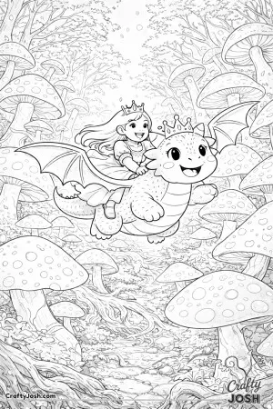 A happy dragon soars between towering mushrooms as a princess rides along, smiling and holding on tight