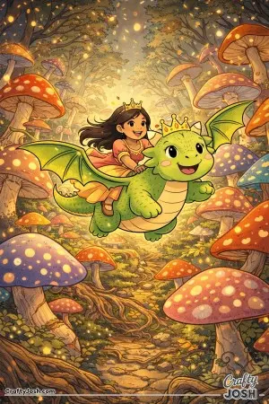 A happy dragon soars between towering mushrooms as a princess rides along, smiling and holding on tight