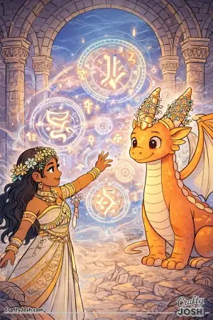 This princess reaches out toward a gentle dragon as glowing runes and magical symbols float between them