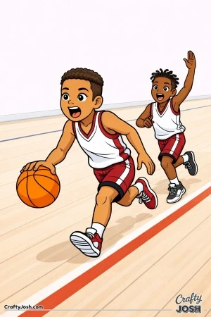 A young basketball player dribbles forward on a fast break while a teammate runs alongside calling for a pass, both moving quickly down the court