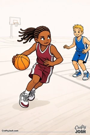 A young basketball player leads a fast break while dribbling forward and glancing sideways