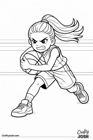 A young basketball player drives forward with determination while protecting the ball as she attacks the lane in an indoor gym