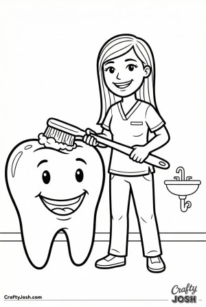 Female dentist brushing giant tooth coloring page