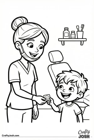 Female dentist giving sticker to child coloring page