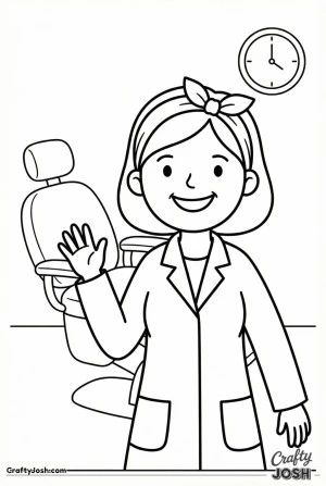 Female dentist waving hello coloring page
