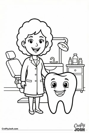 Female dentist with curly hair and smiling tooth coloring page