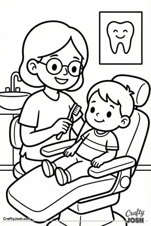 Female dentist with glasses helping child coloring page