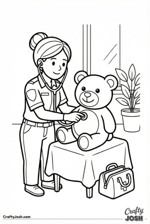 Female emt checking teddy bear heartbeat coloring page