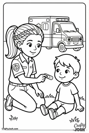 Female emt helping child coloring page