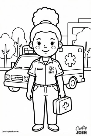 Female emt with high puff hair holding medical bag coloring page