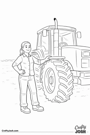 Female farmer standing beside tractor