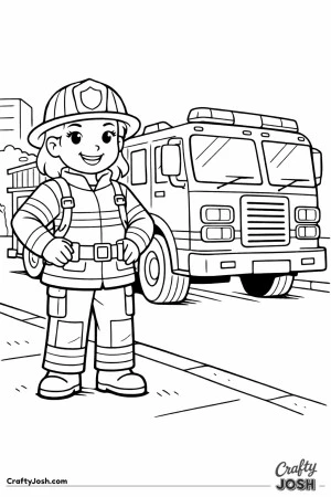 Female firefighter beside fire truck