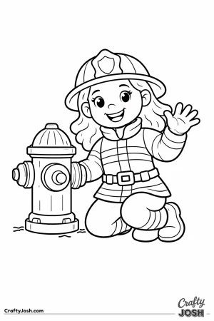 Female firefighter kneeling by fire hydrant coloring page