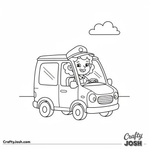 Female mail carrier with curly hair driving mail van