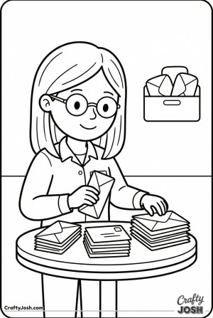Female mail carrier with glasses sorting letters