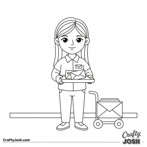 Female mail carrier with long hair carrying letter tray