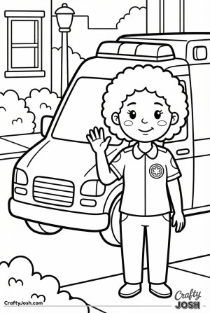 Female paramedic with curly hair waving hello coloring page