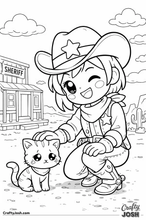 A kind sheriff kneels down to comfort a little kitten who needs help.