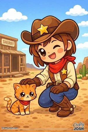 A kind sheriff kneels down to comfort a little kitten who needs help.