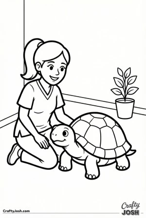 Female veterinarian with ponytail caring for turtle