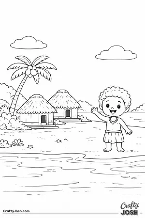 This happy Fiji island village scene shows cozy huts by the water, a tall palm tree, and a smiling child waving hello from the beach