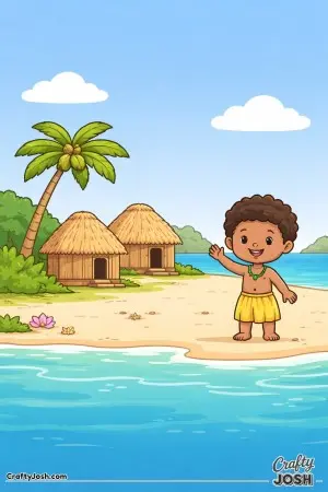 This happy Fiji island village scene shows cozy huts by the water, a tall palm tree, and a smiling child waving hello from the beach