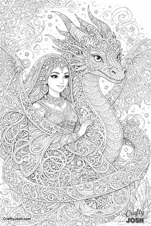 This colourful fantasy image shows a Middle Eastern princess and dragon formed entirely from glowing filigree and swirling ornamental patterns.