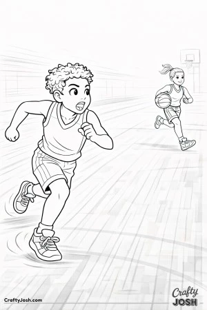 A young basketball player sprints full speed on defense while chasing an opponent racing toward the hoop on a fast break