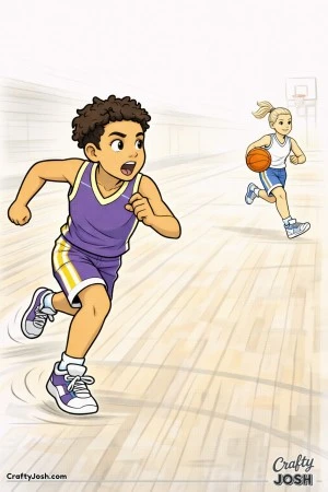 A young basketball player sprints full speed on defense while chasing an opponent racing toward the hoop on a fast break