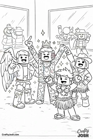 A celebratory Roblox-inspired coloring page showing a group of blocky avatars proudly revealing their finished outfits in a fashion studio, with bold ..