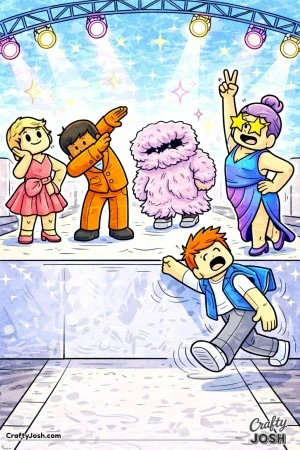 A funny Roblox-inspired runway scene where multiple avatars strike end poses at the same time, including one tumbling sideways and another hidden ..