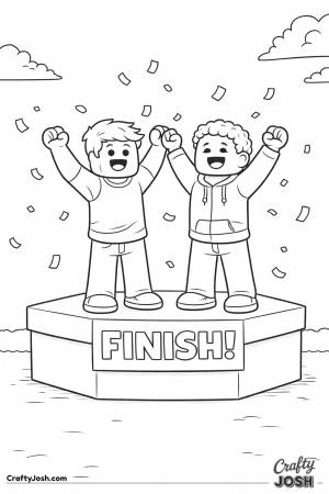 A cheerful Roblox-inspired coloring page showing two blocky avatars celebrating together on a finish platform, arms raised as confetti floats around ..