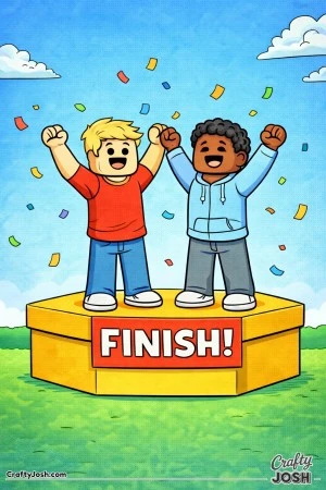 A cheerful Roblox-inspired coloring page showing two blocky avatars celebrating together on a finish platform, arms raised as confetti floats around ..