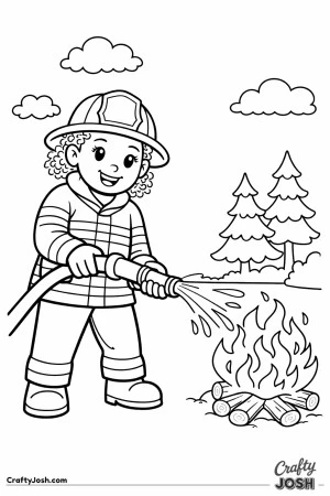 Firefighter spraying water campfire