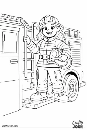 Firefighter standing on fire truck step coloring page