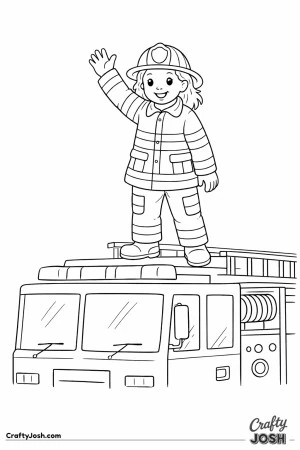 Firefighter standing on fire truck waving