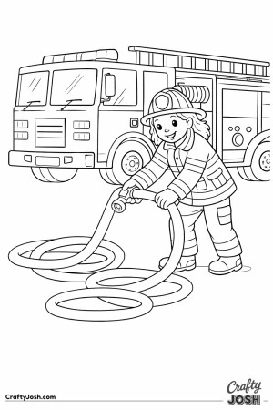 Firefighter unrolling hose next to fire truck